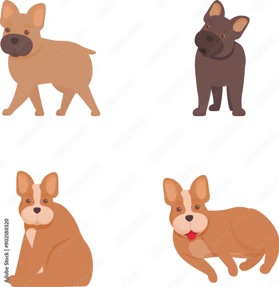 Collection of four adorable cartoon dogs, showcasing different colors and postures Collection of four adorable cartoon dogs, showcasing different colors and postures