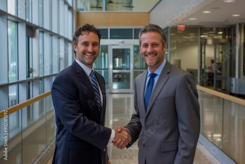 Two Businessmen Shaking Hands in a Modern Office