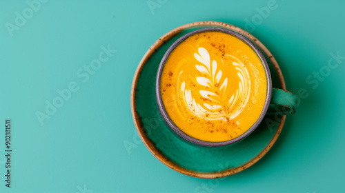 Warm mug of golden milk turmeric latte with latte art on a teal surface