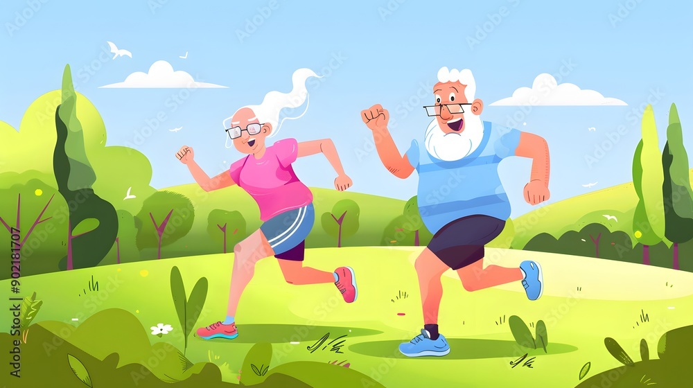 Fototapeta premium An elderly couple smiles as they jog through a park.