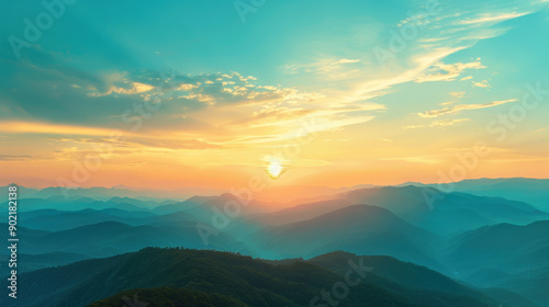 Majestic Mountain Sunrise in Golden Teal photo