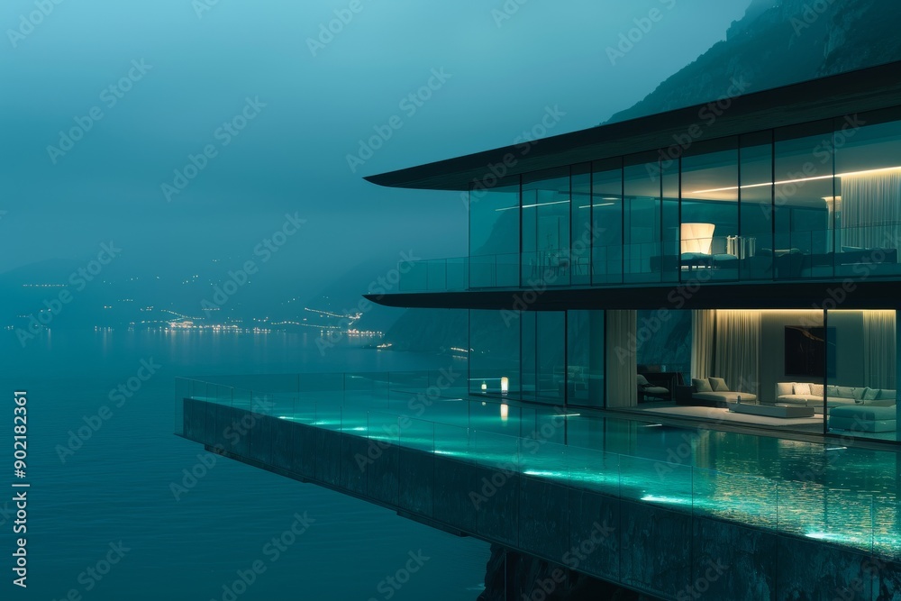 Fototapeta premium Modern house with a glass facade by the lake showcasing contemporary design and serene living