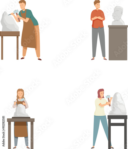 Illustrations of male and female artists carving and sculpting artwork in a studio setting