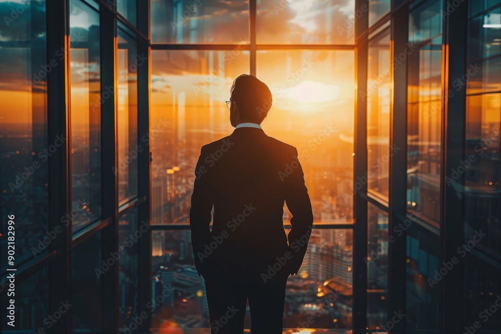 Businessman Silhouette at Sunset, Cityscape in the Background Businessman Silhouette at Sunset, Cityscape in the Background