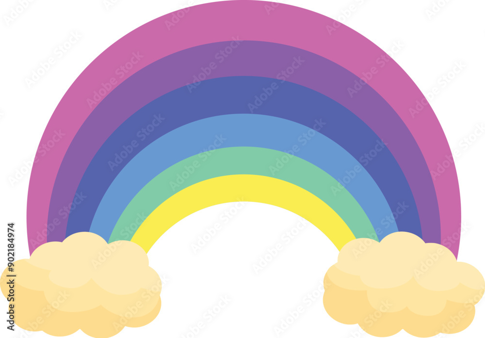 Simple illustration of a bright rainbow with a fluffy cloud on each side