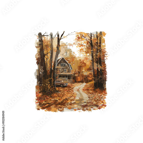 Illustration of an autumn landscape with a house. ai generated