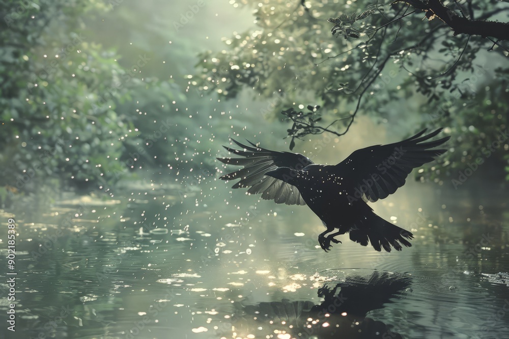 Obraz premium Majestic Bird Soaring in Forested Area