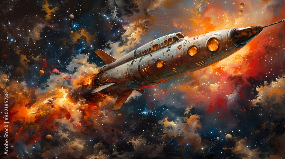 Naklejka premium Vibrant Cosmic Rocket Embarking on Whimsical Futuristic Adventure Through Interstellar Galaxy