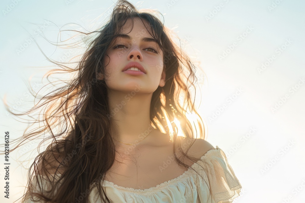 Elegant Woman in White Dress with Sunlit Hair Elegant Woman in White Dress with Sunlit Hair