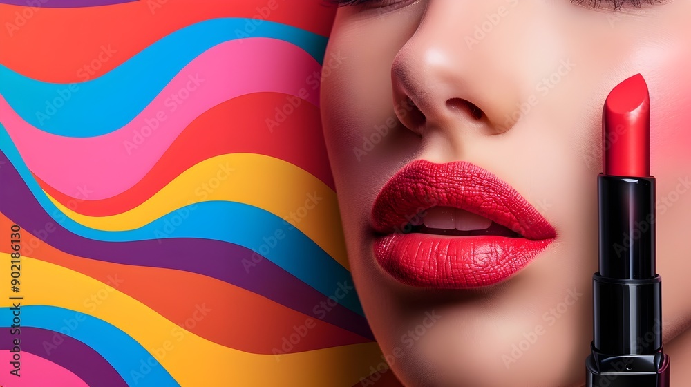 Obraz premium Vibrant Pop Art Lipstick Composition with Bold Colors and Graphic Patterns