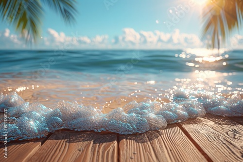 wooden podium on a sandy beach with foamy turquoise waves lapping against it, a backdrop of a sunny blue sky and palm tree leaves.