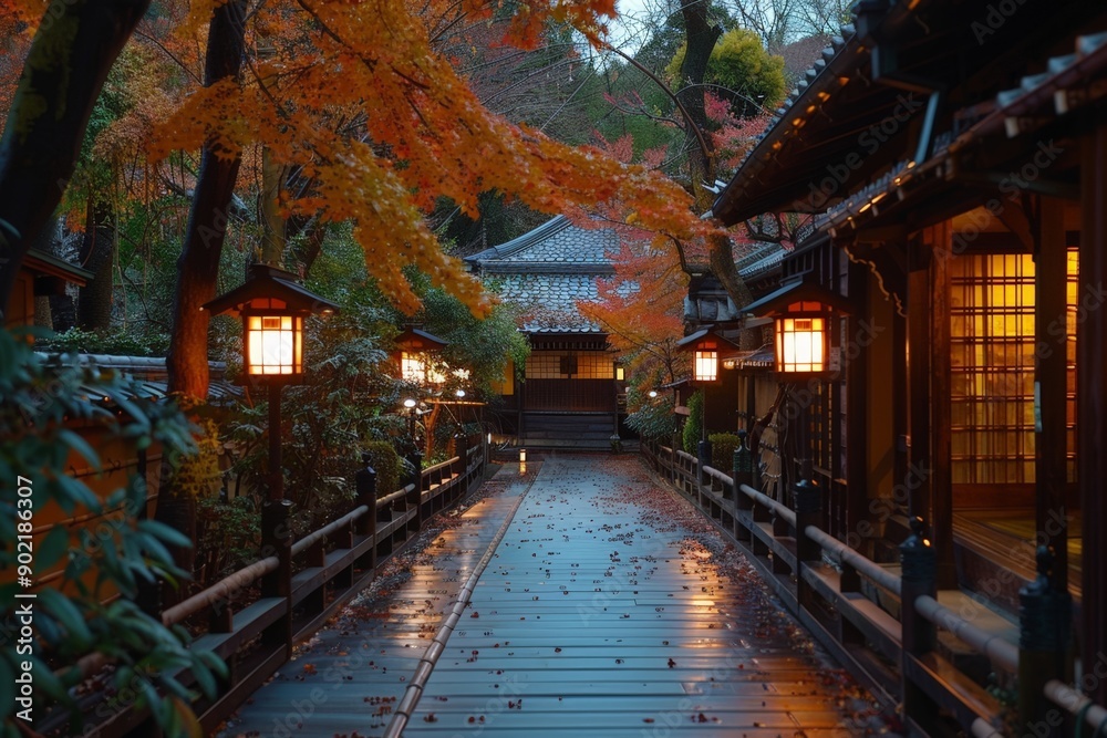 Autumn Night Scene: Illuminated Walkway in Japanese Garden Autumn Night Scene: Illuminated Walkway in Japanese Garden