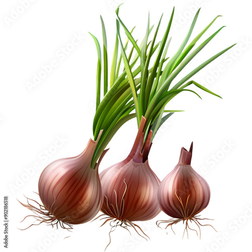 isolated red shallot bulbs with green shoots on transparent background