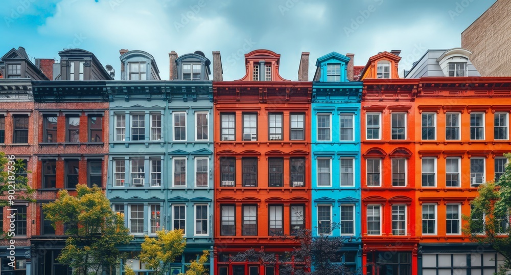 Fototapeta premium Vibrant Urban Housing: Multi-colored Row Houses with Blue and Orange Exteriors.