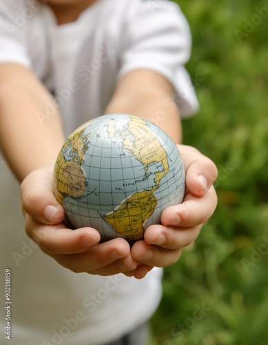 International peace day concept with children holding world globe. boy holding planet Earth on blurred natural background with copy space