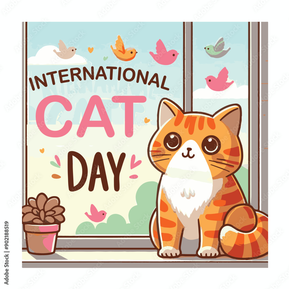 Naklejka premium Happy International Cat Day color vector art 
