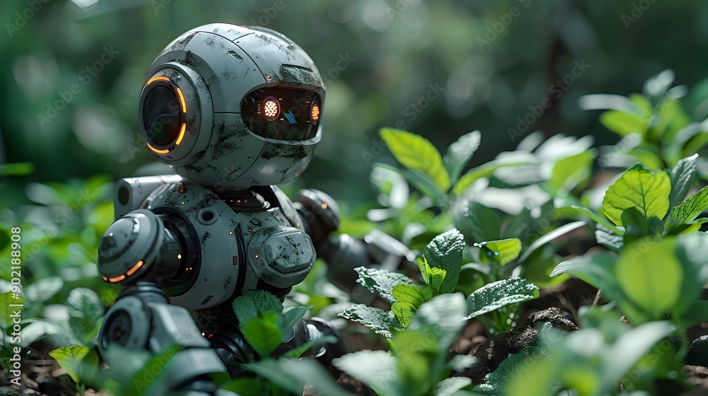 Fototapeta premium Futuristic Agriculture Technology Concept with 3D Rendering Robot Assistant and Graphic Display