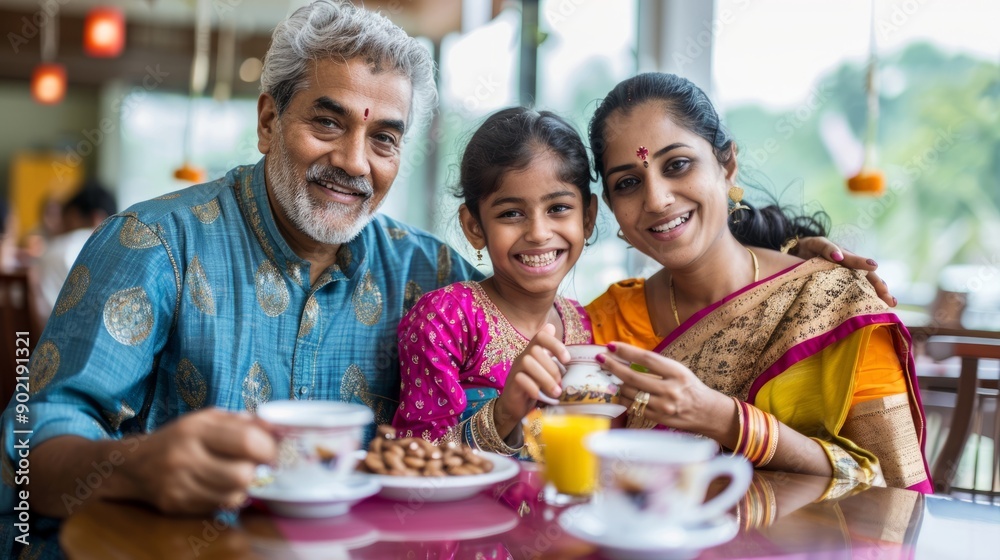 Cheerful Indian family enjoying tea or coffee together, looking at the camera Cheerful Indian family enjoying tea or coffee together, looking at the camera