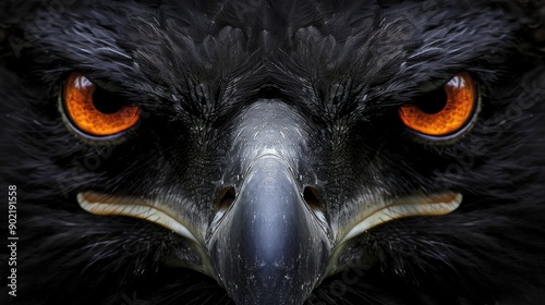 Close-up of a hawk fixating its intense gaze with orange eyes, surrounded by black feathers for a dramatic contrast, highlighting the bird's focus