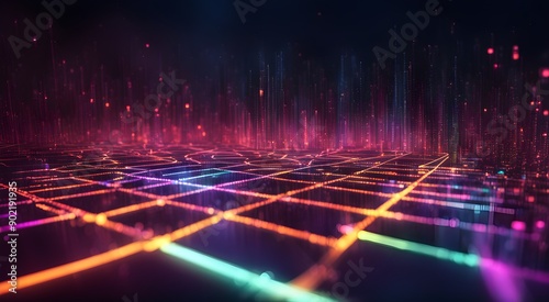 A colorful  abstract cityscape with neon lights and a dark background