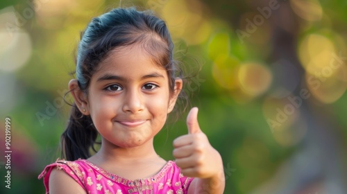  Indian asian small girl showing ok, perfect sign or thumbs up © LU