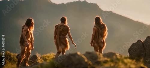 Three prehistoric individuals gaze across a mountainous landscape at dusk, evoking the spirit of early human exploration and survival photo