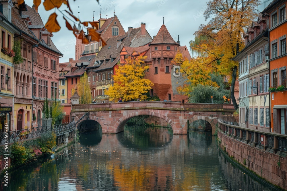 Fototapeta premium Historic European Town with Brick Buildings and a Stone Bridge over a River