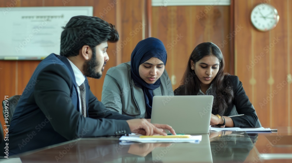 Indian young businesspeople using laptop in group meeting at desk Indian young businesspeople using laptop in group meeting at desk