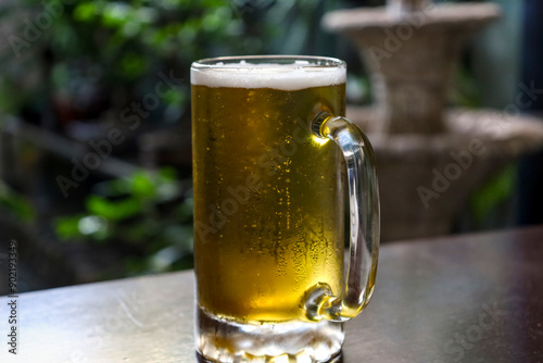 Jar of Beer on Wooden Table with Garden Background