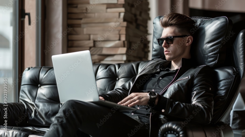 Successful business man in a modern office working on laptop ,