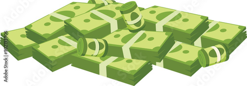 Big stack of rolled and strapped hundred dollar bills illustrating wealth