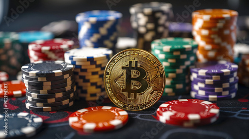 A close-up of a Bitcoin coin surrounded by stacks of colorful casino chips, highlighting the intersection of cryptocurrency and gambling.