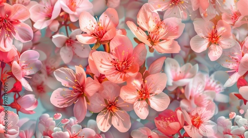 Sakura blossoms background. Pink cherry tree flowers in bloom. Colourful spring floral theme #902194590