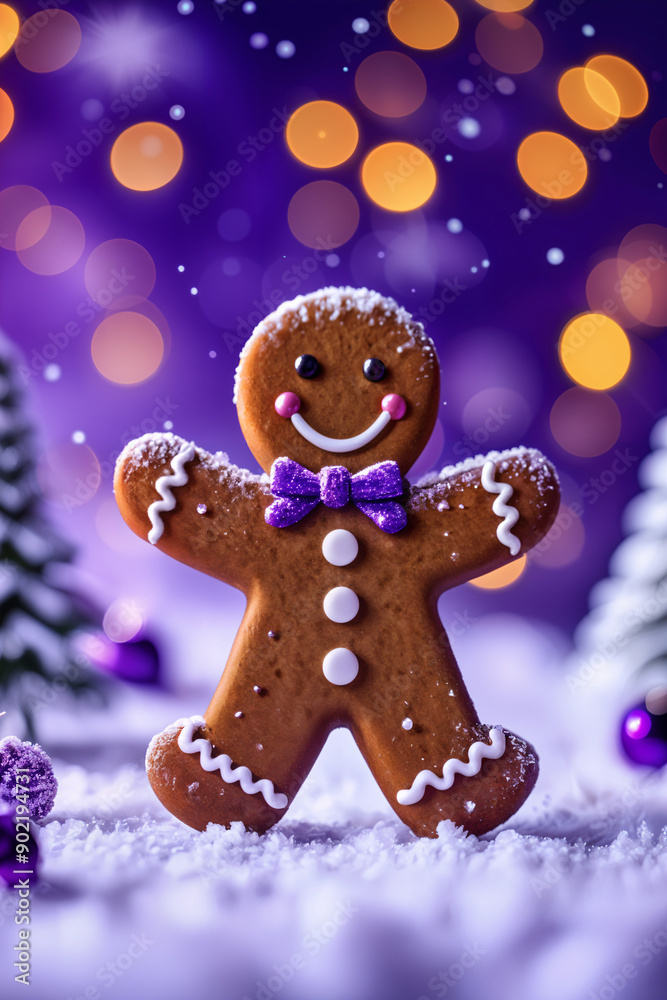 Gingerbread man standing on snow-covered ground, with a festive background of Christmas lights and trees. Gingerbread man standing on snow-covered ground, with a festive background of Christmas lights and trees.