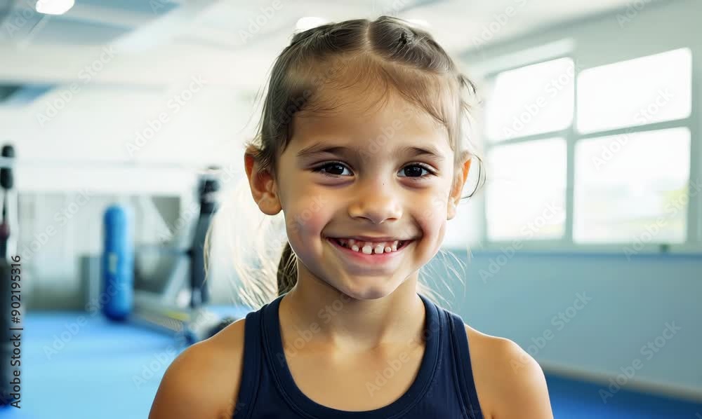 Portrait of a smiling little girl in a fitness center, indoor shot