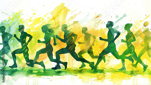 abstract illustration of people running in a race, green and yellow colors,