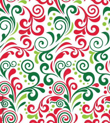 Christmas Swirls Seamless Pattern- Red, Green, and White Swirls- Christmas Vector Illustration