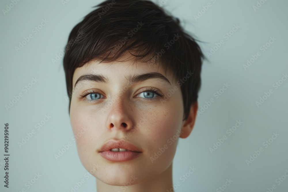 Contemplative Woman with Blue Eyes and Short Hair Contemplative Woman with Blue Eyes and Short Hair