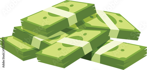 Big pile of cash forming a stack of green bills isolated on a white background