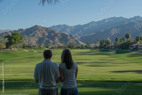 Couple enjoying a round of golf on a sunny day at a scenic mountain course. photo