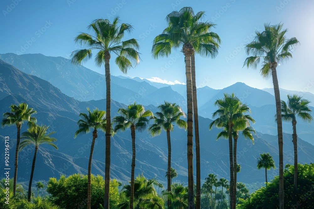 Sunlit Palm Trees against Majestic Mountains Sunlit Palm Trees against Majestic Mountains