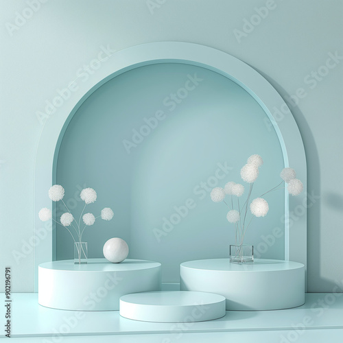 Aqua Podium with Decorative White Spheres and Flowers