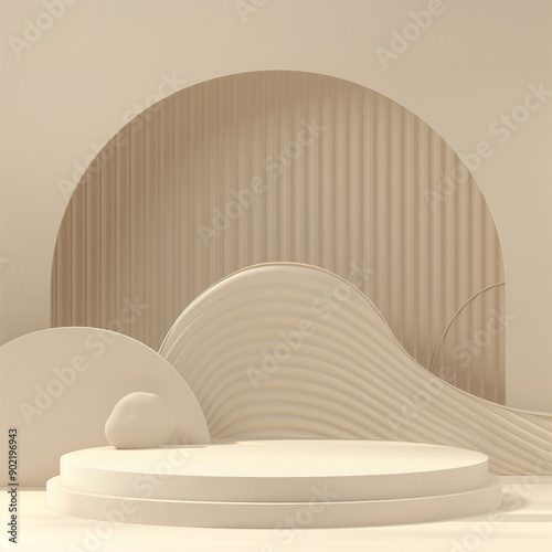 Beige Podium with Rock and Curved Lines