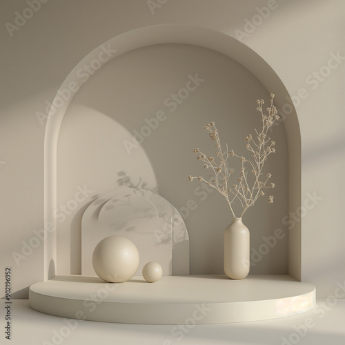 Beige Podium with Vase and Spheres