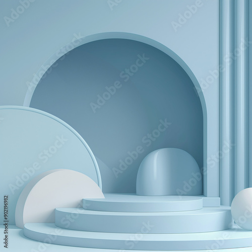 Blue Podium with Arch and Geometric Shapes