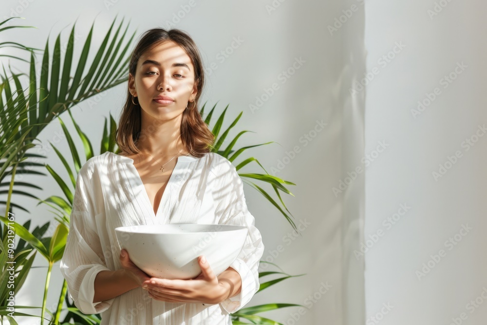 Mindful Woman Holding Bowl of Fruit in Indoor Plant Setting Mindful Woman Holding Bowl of Fruit in Indoor Plant Setting