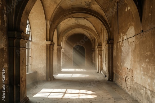 Vintage Cathedral Hallway with Sunlight Streaming Through Arched Windows