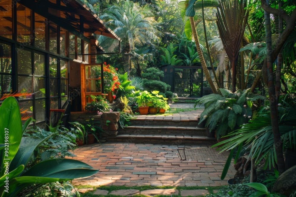 Tropical Courtyard with Brick Pathway and Colorful Plants