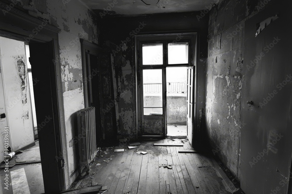 Abandoned room with peeling wallpaper and empty doorway.