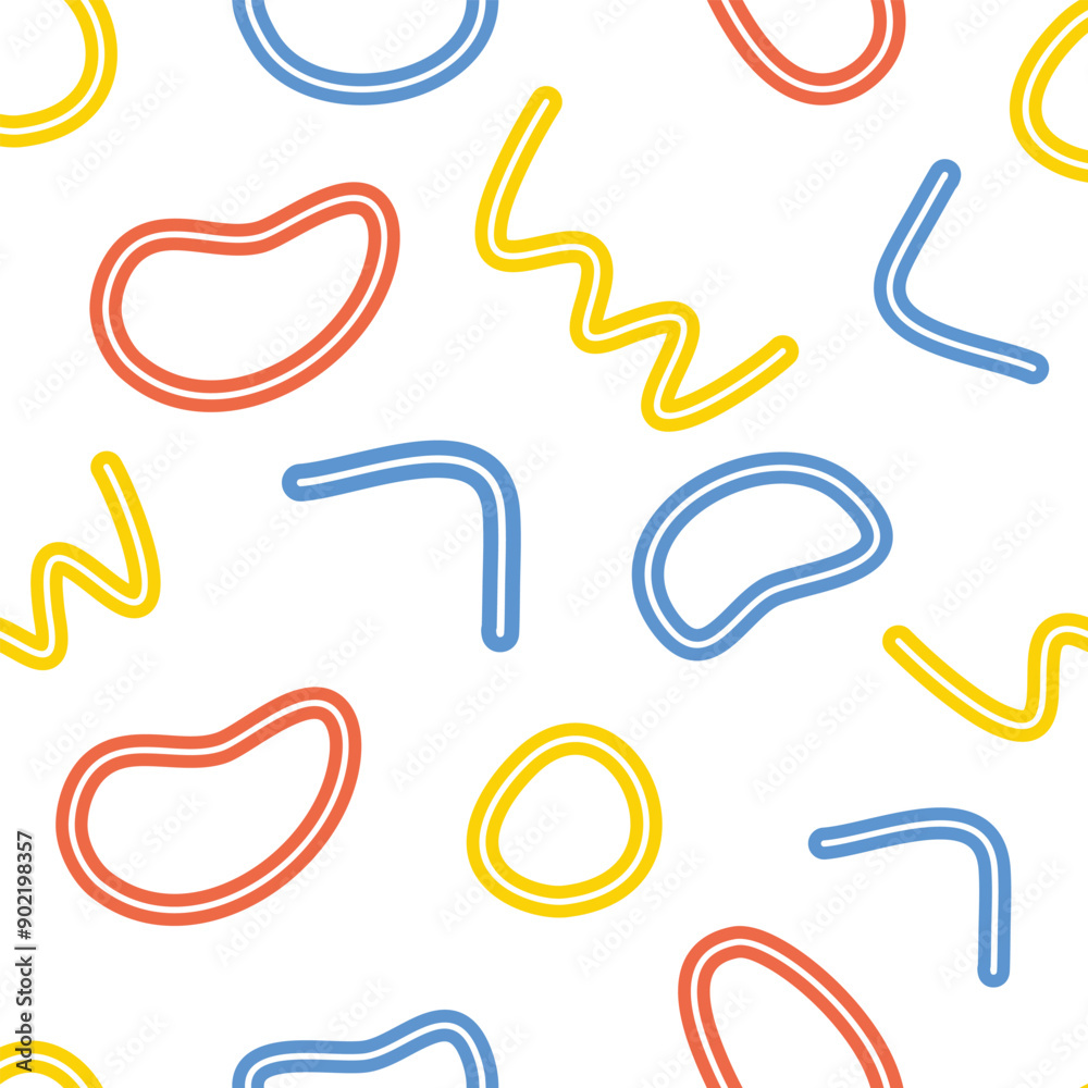 Fototapeta premium Fun colorful line doodle seamless pattern on white background. Creative minimalist style art background for children or trendy design with basic shapes.